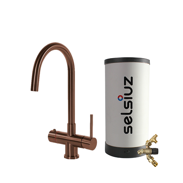 Selsiuz kokend water kraan Copper  Koper Rond met combi extra boiler. Kokend water kraan koper. Koud, warm en kokend water. 