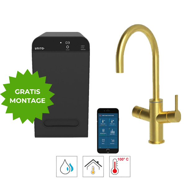 Kokendwatergigant heeft gratis montage voor de Unito 3-in-1 Lava Universe Rond Goud kokend water kraan