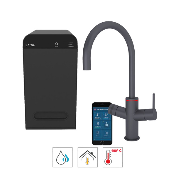 Unito 3-in-1 Lava Universe Rond Gun Metal kokend water kraan verkrijgbaar bij Kokendwatergigant