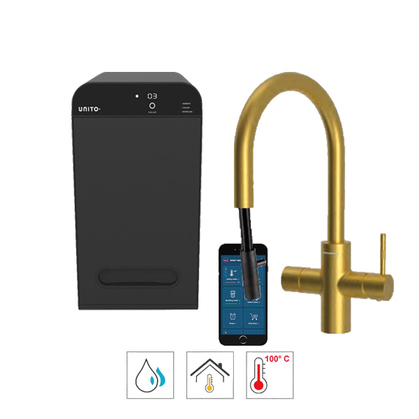 Unito 3-in-1 Lava Cosmos Rond Pullout Goud kokend water kraan vind je bij Kokendwatergigant